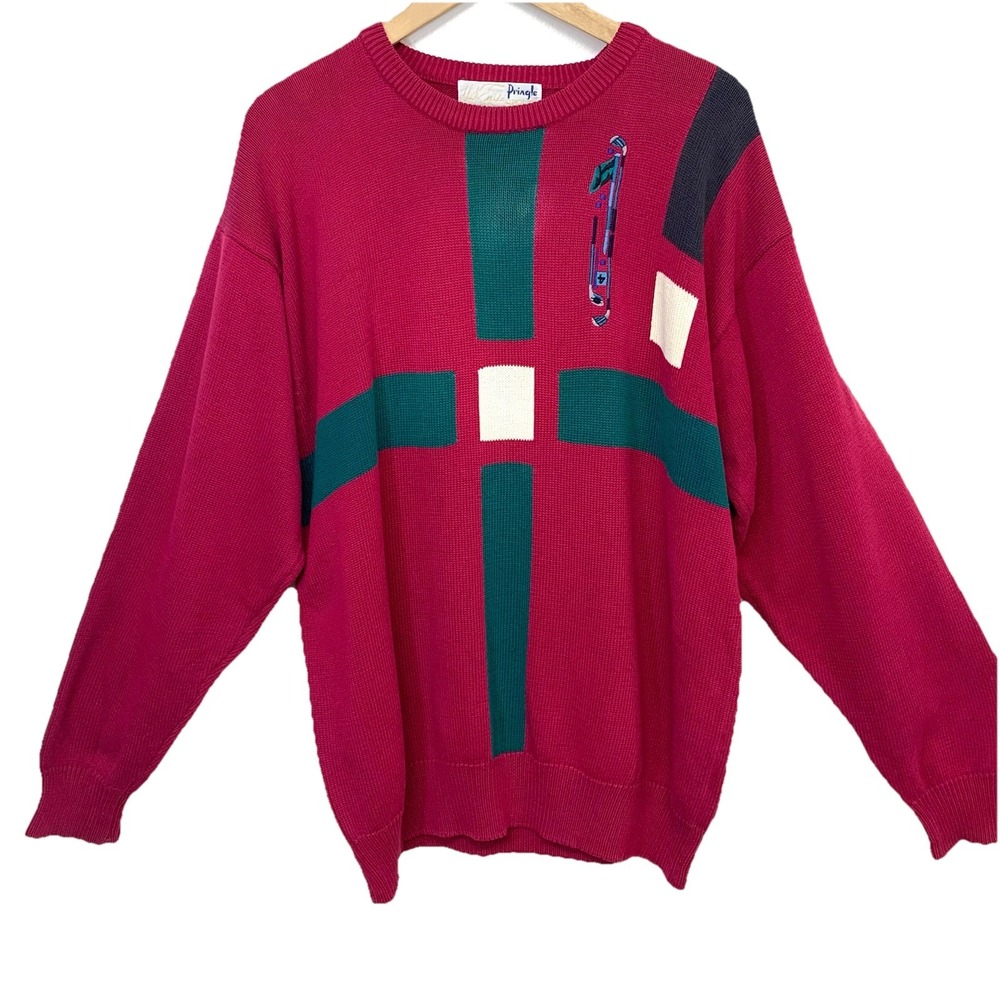 Pringle Nick Faldo Vintage Golf Sweater Pink Green Cotton Intarsia Mens L